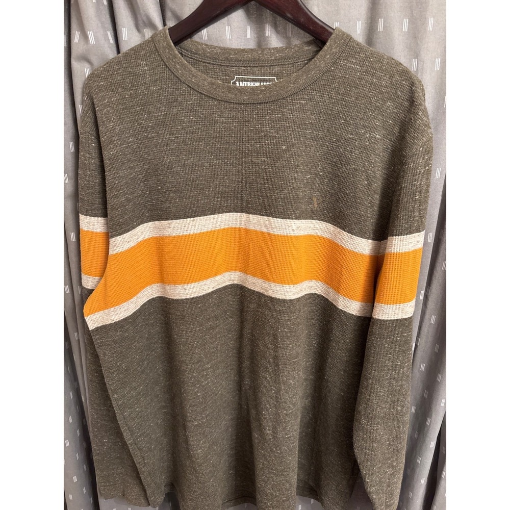 American Eagle Men XL Thermal Shirt Waffle Knit Olive Green Orange Stripe LS